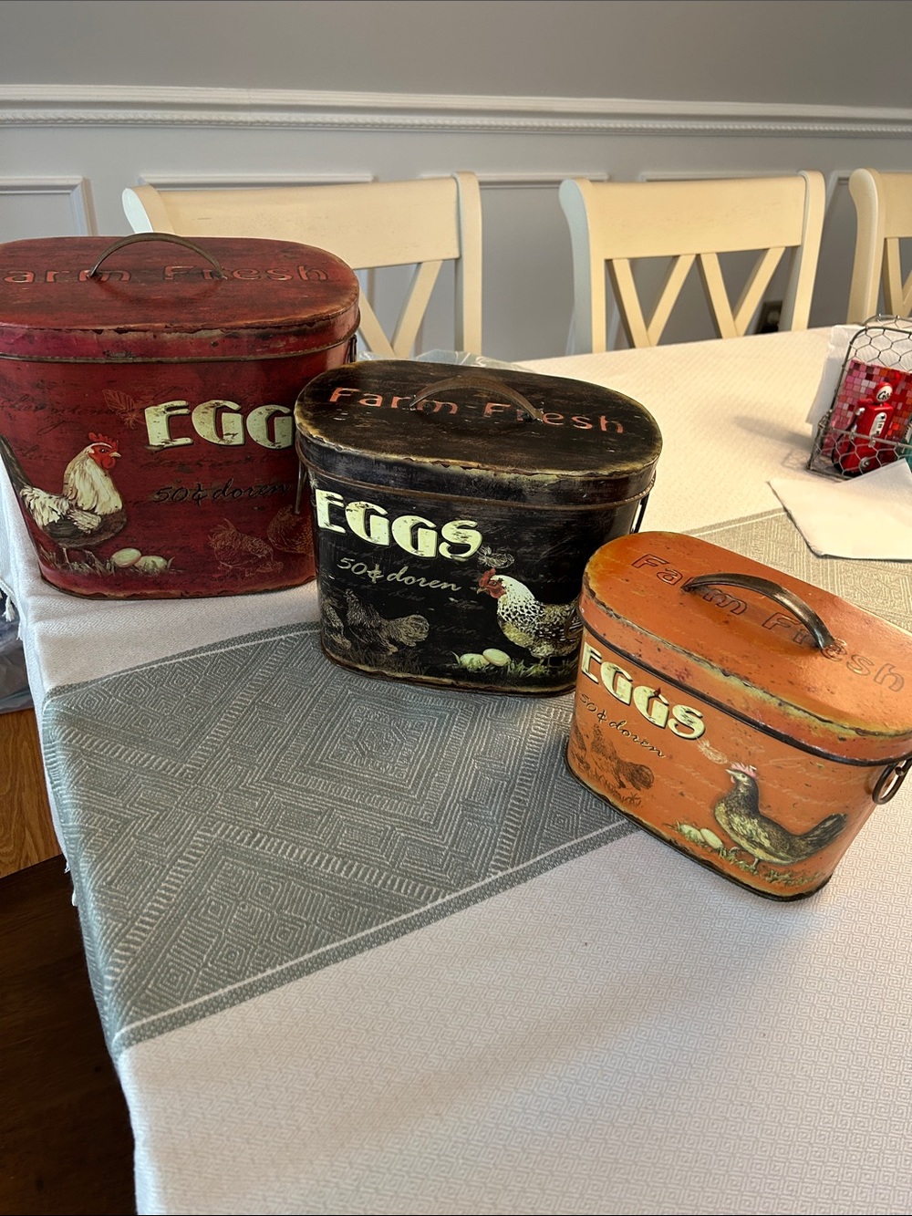 Vintage Farm Fresh 'Eggs' Metal Tins - Set of 3 (Red, Black, Orange)